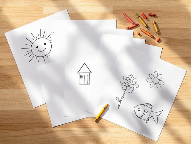A stack of activity pages fanned out on a kitchen table with crayons and safety scissors