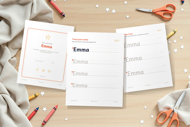Three printable pages with the name Emma to trace, and a certificate reading You can write Emma