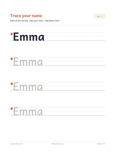 A name-tracing page: the name Emma in large letters on handwriting guide lines, with a red starting dot on each row