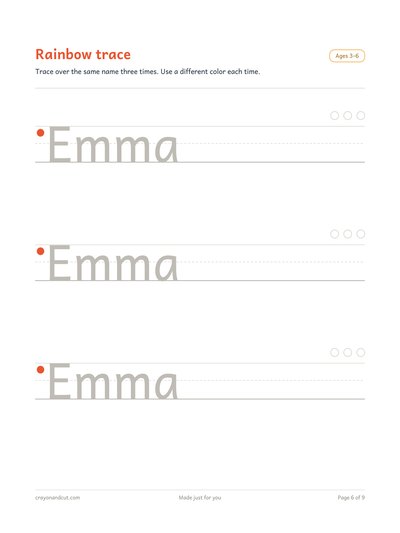 A rainbow-trace page: the same name three times in light outline, to be traced in three different colors