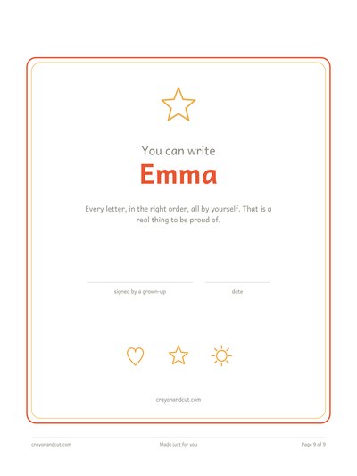 A certificate page reading 'You can write Emma', with lines for a grown-up's signature and the date