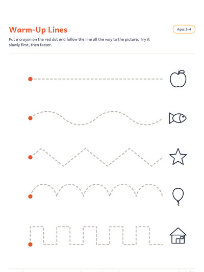 Warm-up lines page: five dotted paths, straight, wavy and zigzag, to trace from a red dot to a picture