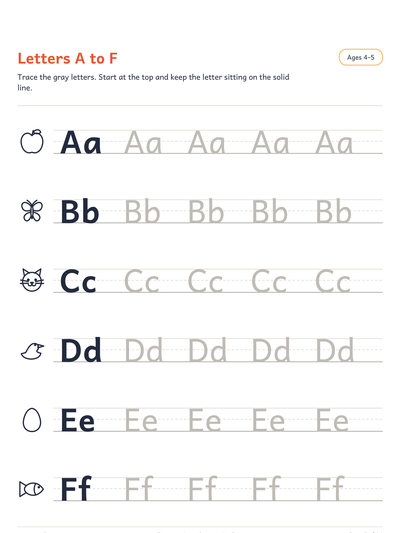 Letter tracing page: rows of A to F in grey outline to trace over, with a picture beside each letter
