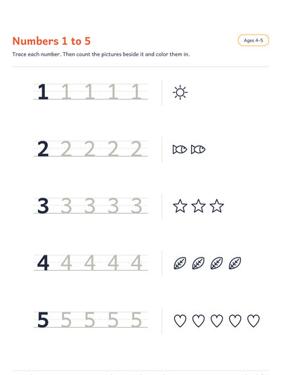 Counting page: numbers 1 to 5 to trace, each with a matching group of pictures to count and color
