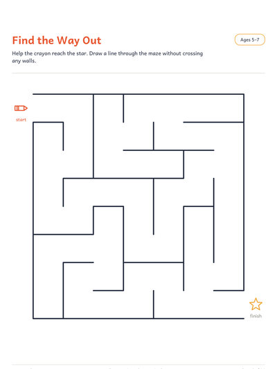 Maze page: a square maze with a crayon at the start and a star at the finish