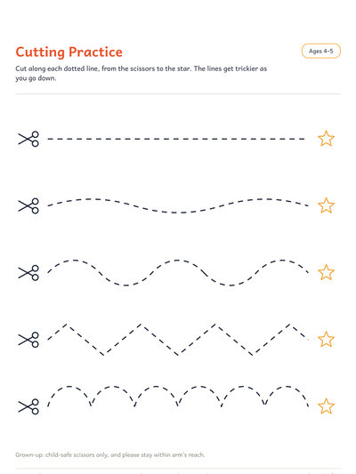 Cutting practice page: five dotted lines to cut along with scissors, getting trickier down the page