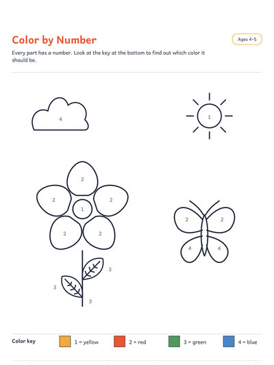 Color by number page: a flower, sun, cloud and butterfly split into numbered areas, with a color key