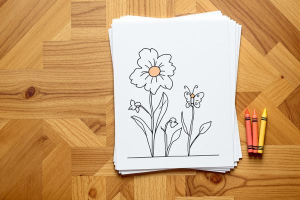 Blank activity pages on a wooden table beside a handful of crayons